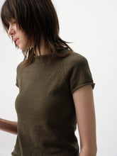 Linen-Blend Cuff Trim Butterfly Sleeve Knit Short-Sleeve Tee Military Green