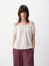 Lace Shirred Puff Sleeve Short-Sleeve Blouse White