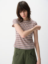 Linen-Blend Striped Regular Shoulder Short-Sleeve Top White Purple