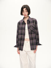 Casual check long-sleeved shirt purple grey plaid