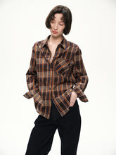 Casual check long-sleeved shirt orange brown plaid