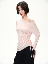 Silk wool boat-neck wide-sleeved side drawstring T-shirt pink
