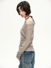 Silk wool boat-neck wide-sleeved side drawstring T-shirt gray