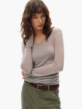 Wool Blend Asymmetric Neck Slim Fit Crinkle Lightweight Long-Sleeve Tee light gray