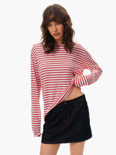 Striped Roll-Cuff Relaxed Fit Long-Sleeve T-Shirt red