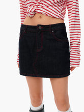 Mid-Low Waist Red Stitching Structured Denim Straight Mini Skirt deep blue