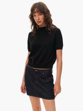 100% Wool Mock Neck Brushed Knit Short-Sleeve Top black