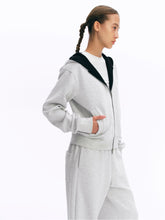 Dual-Zipper Color-Block Cropped Hoodie gray