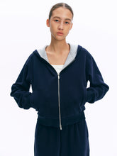 Dual-Zipper Color-Block Cropped Hoodie blue