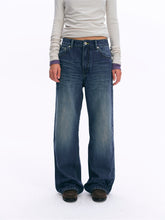 Mid-Low Rise 3D Whisker Washed Straight-Leg Jeans blue
