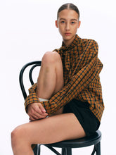 Tie-Neck Vintage Silhouette Checkered Long-Sleeve Shirt orange and blue check