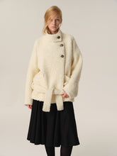 Brushed Wool Puffy Low-Rise Belted Stand Collar Coat off white
