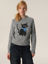 Cat Jacquette Crewneck Fitted Cropped Sweater gray