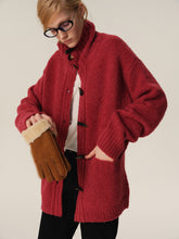 Wool Loop Yarn Mid-Length Toggle Button Cardigan watermelon red