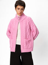 Wool Stand Collar Cable Knit Zip-Front Sweater Coat blush