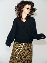 Wool Blend V-Neck Batwing Sleeve Pullover black