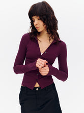 Notched Collar Slim-Fit Button-Front Cotton Knit Cardigan Eggplant