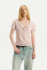 Lightweight Double-Pocket Henley T-Shirt Light Pink