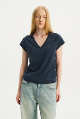 Textured Snowy Cotton-Hemp V-Neck T-Shirt Blue