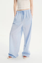 Textured Check Drawstring Wide-Leg Pants Blue White Check