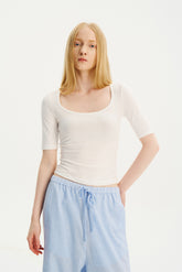 Deep U-Neck Elbow-Sleeve T-Shirt White