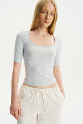 Deep U-Neck Elbow-Sleeve T-Shirt Glacier Blue