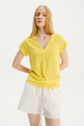 Textured Snowy Cotton-Hemp V-Neck T-Shirt Yellow