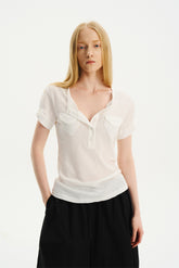 Lightweight Double-Pocket Henley T-Shirt White