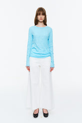 Crinkled Raw-Edge Long-Sleeve Tee Sky Blue