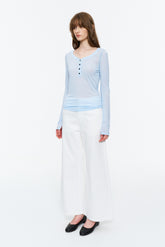 Sheer Henley V-Neck Long-Sleeve Top Light Blue
