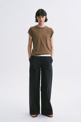 Linen-Cotton Rolled Sleeve T-Shirt, Slightly Loose Fit Army Green