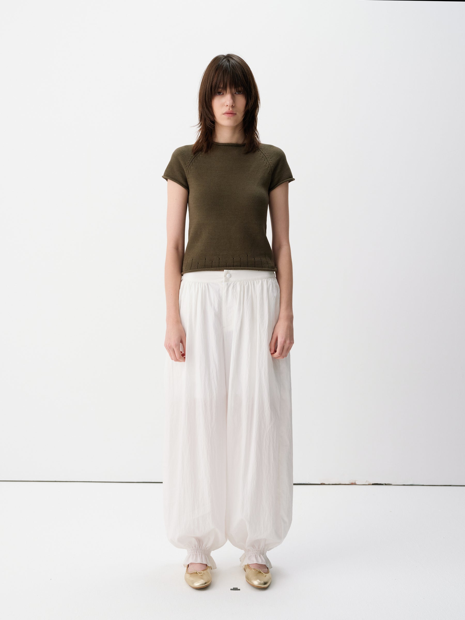 Linen-Blend Cuff Trim Butterfly Sleeve Knit Short-Sleeve Tee Military Green