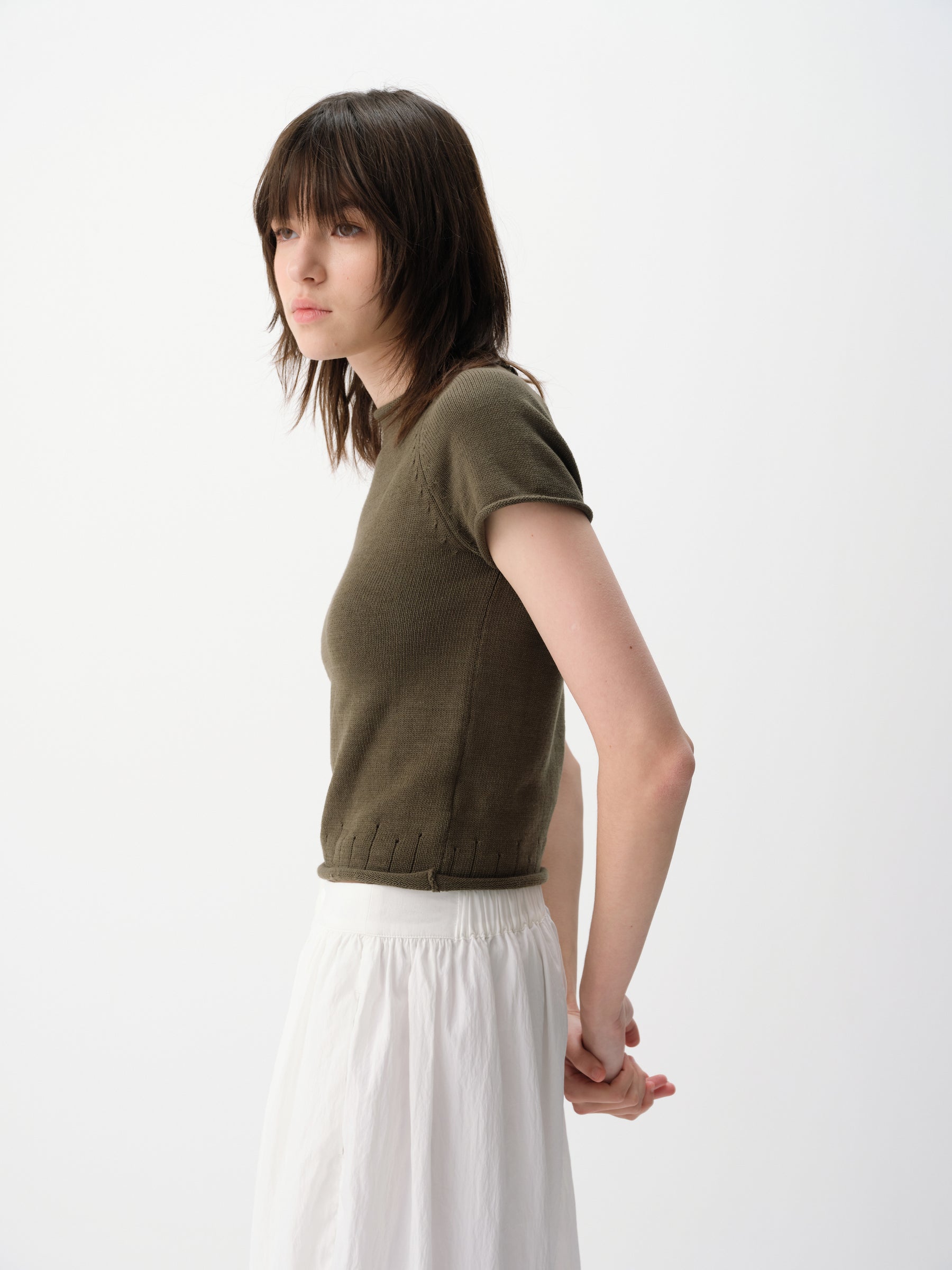 Linen-Blend Cuff Trim Butterfly Sleeve Knit Short-Sleeve Tee Military Green