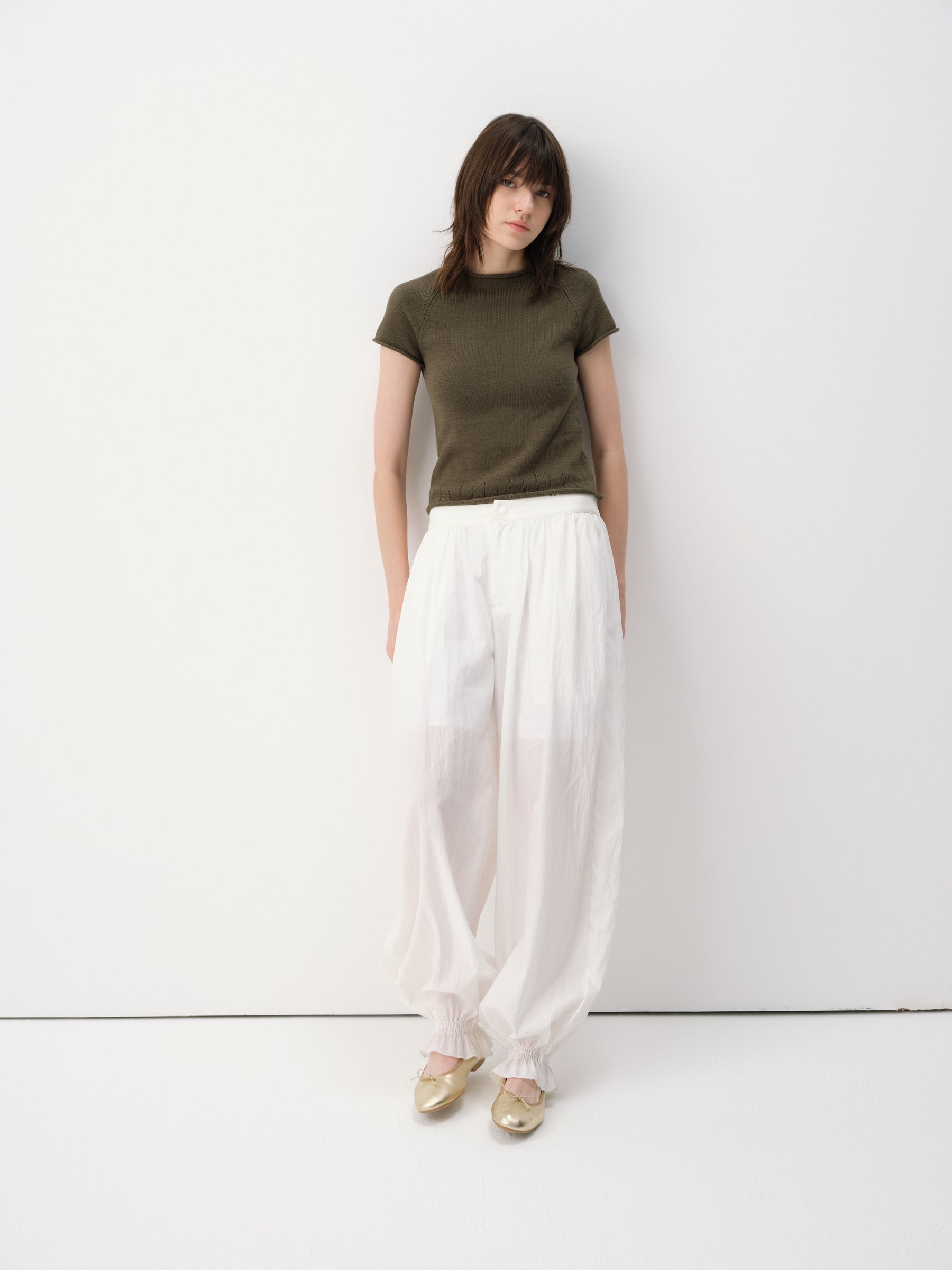 Linen-Blend Cuff Trim Butterfly Sleeve Knit Short-Sleeve Tee Military Green