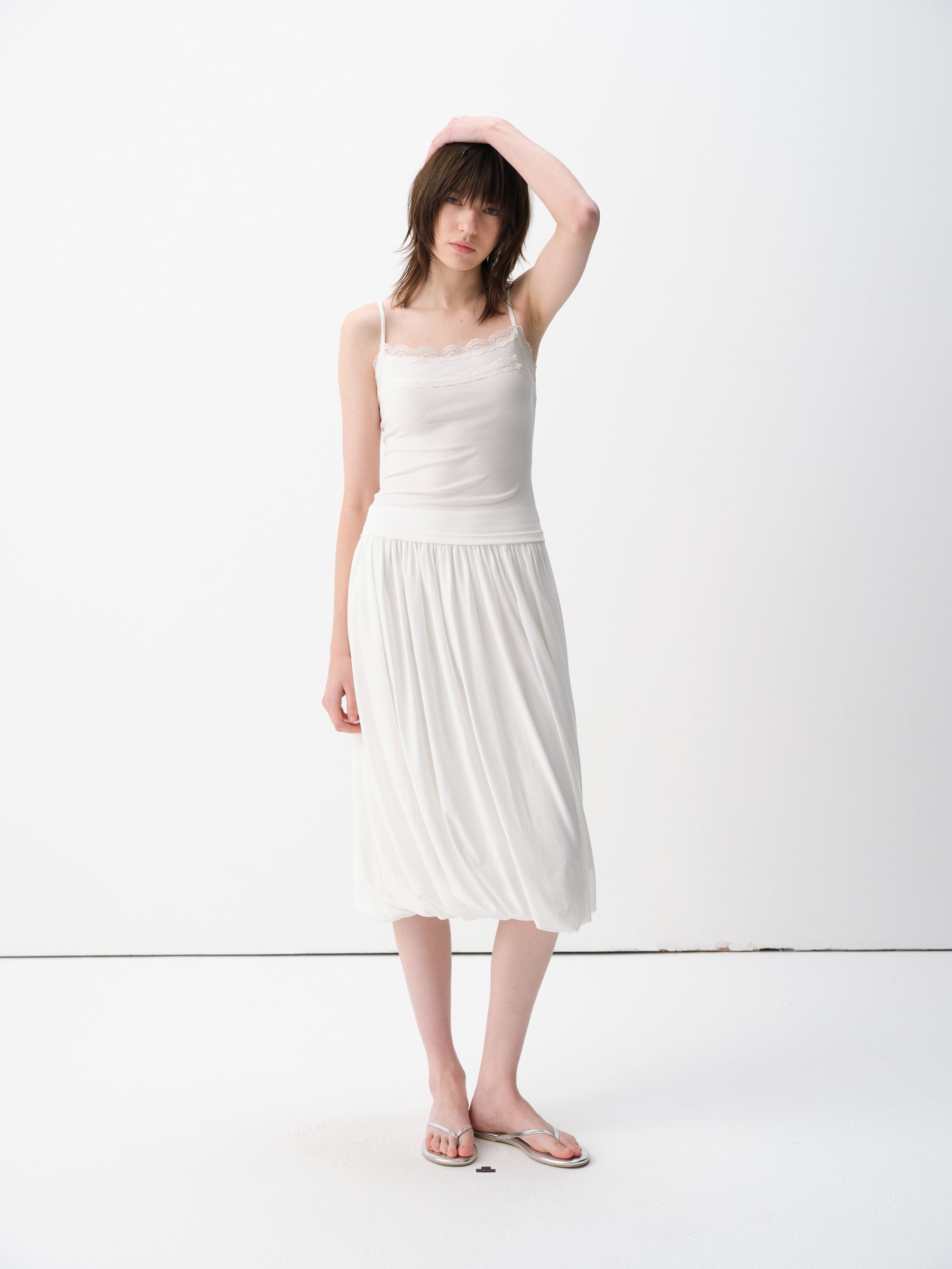 Low-Rise Twisted Pleat Boucle Midi Skirt White
