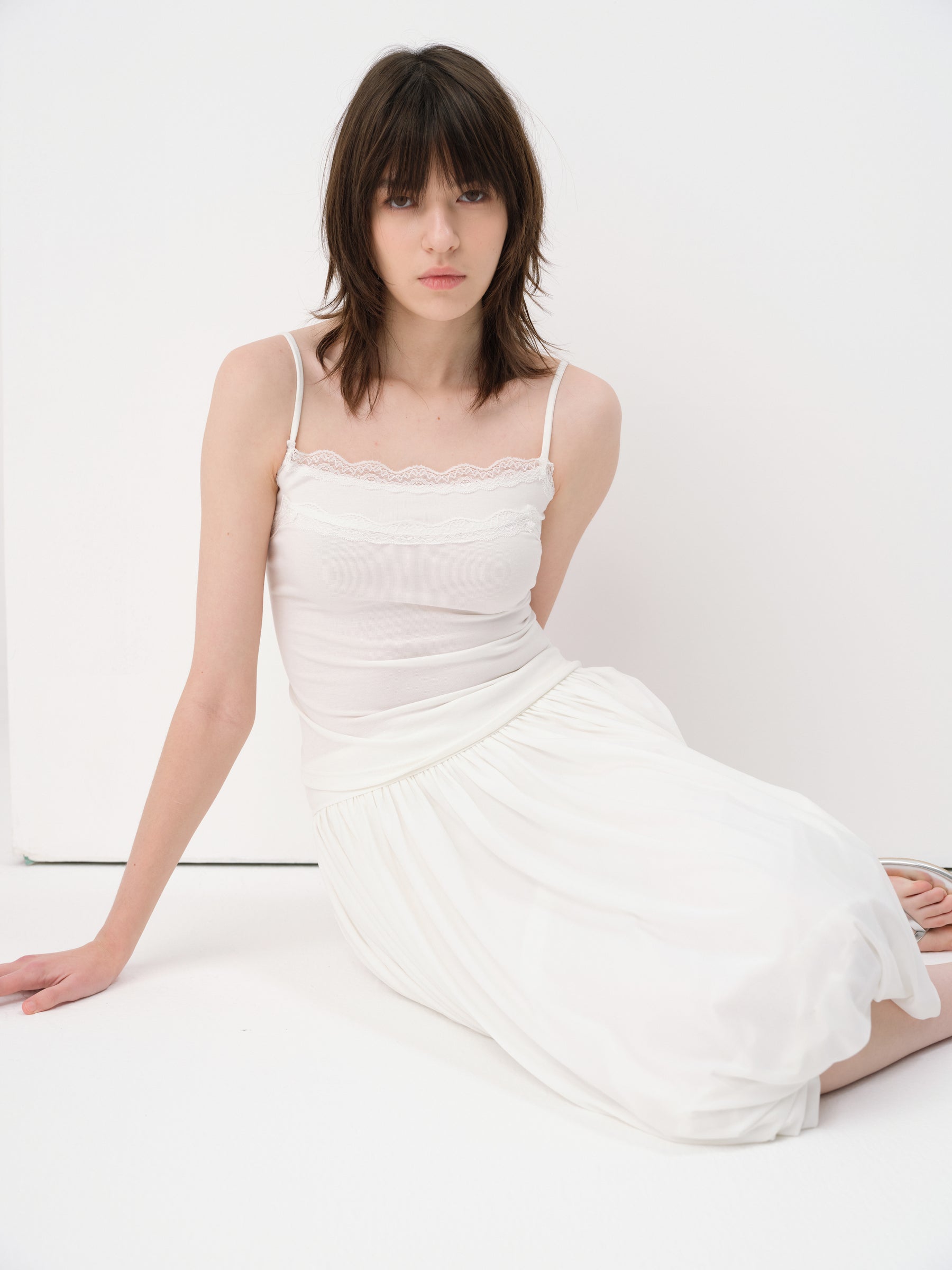 Low-Rise Twisted Pleat Boucle Midi Skirt White