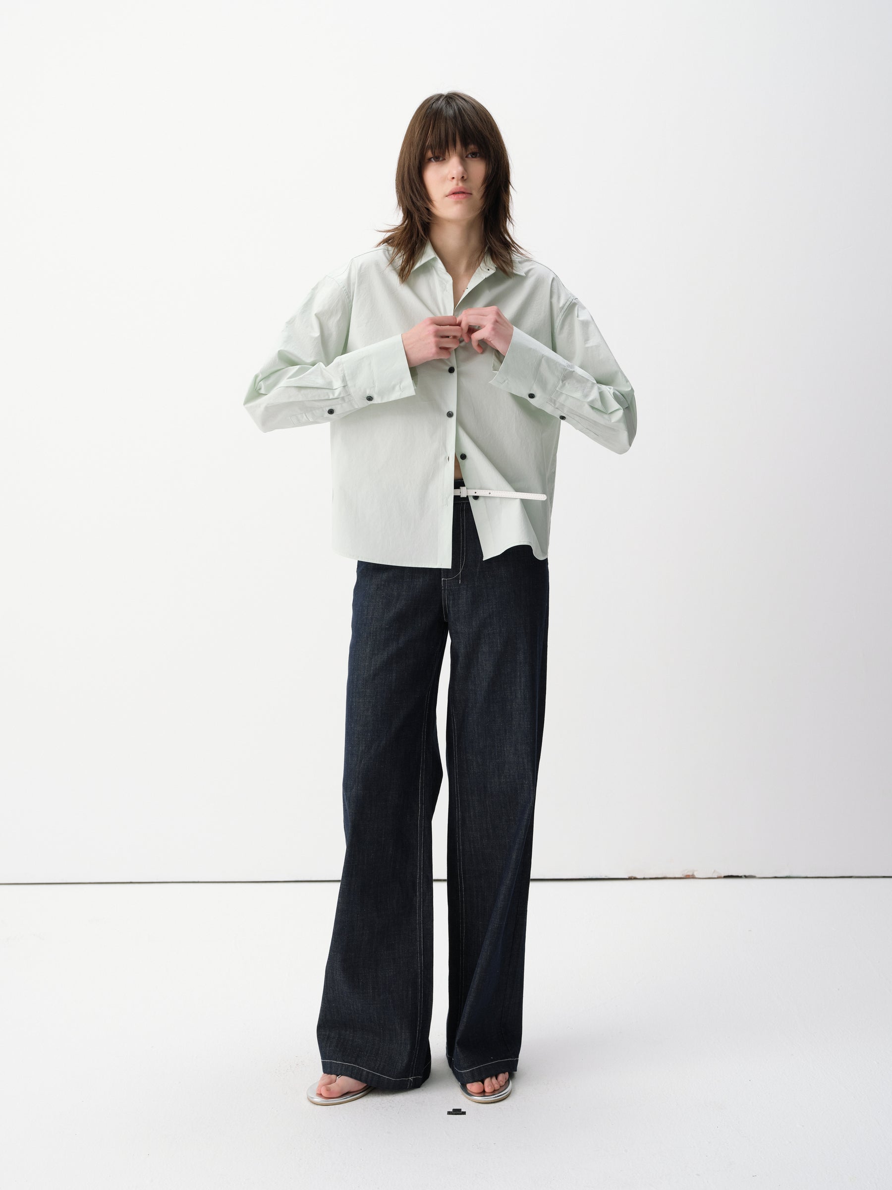 Solid Cotton Turn-Back Cuff Long-Sleeve Shirt Mint
