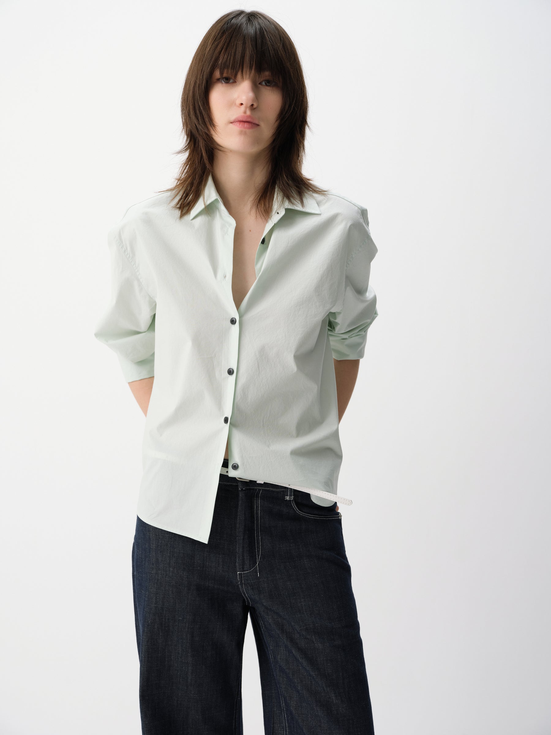 Solid Cotton Turn-Back Cuff Long-Sleeve Shirt Mint