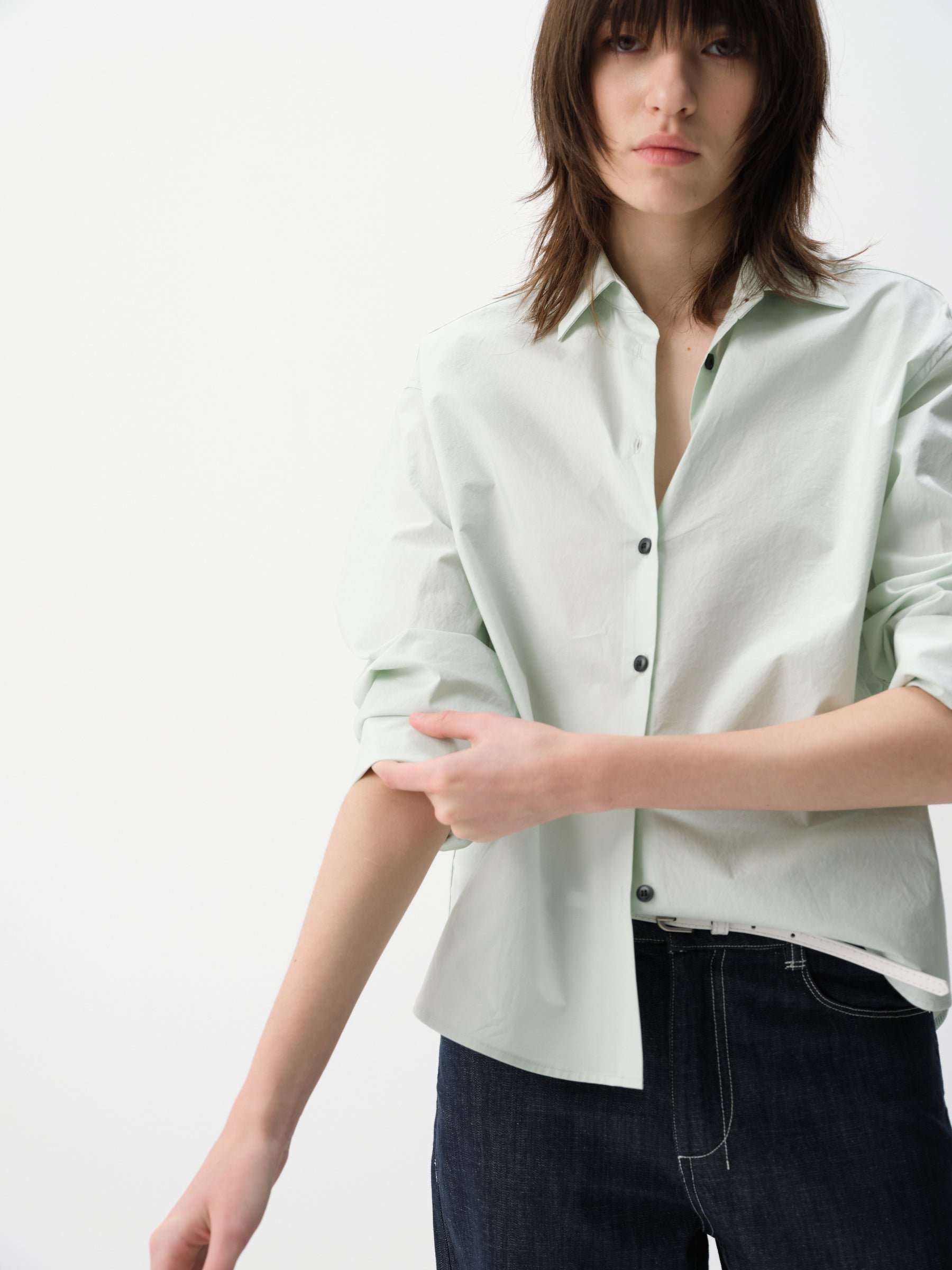 Solid Cotton Turn-Back Cuff Long-Sleeve Shirt Mint