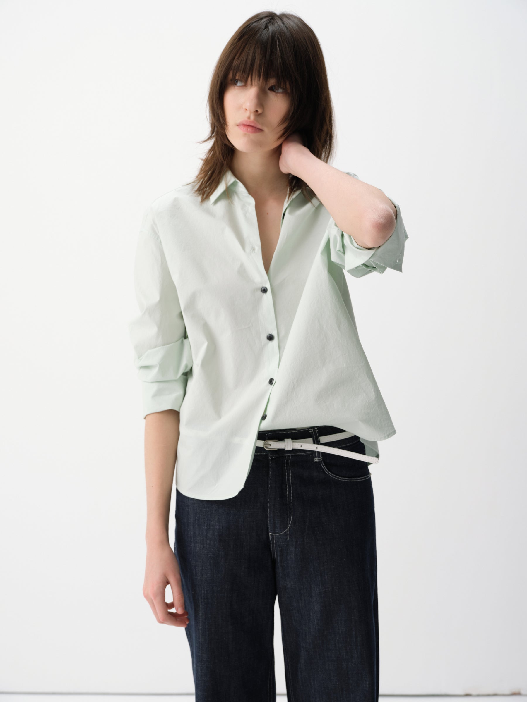 Solid Cotton Turn-Back Cuff Long-Sleeve Shirt Mint