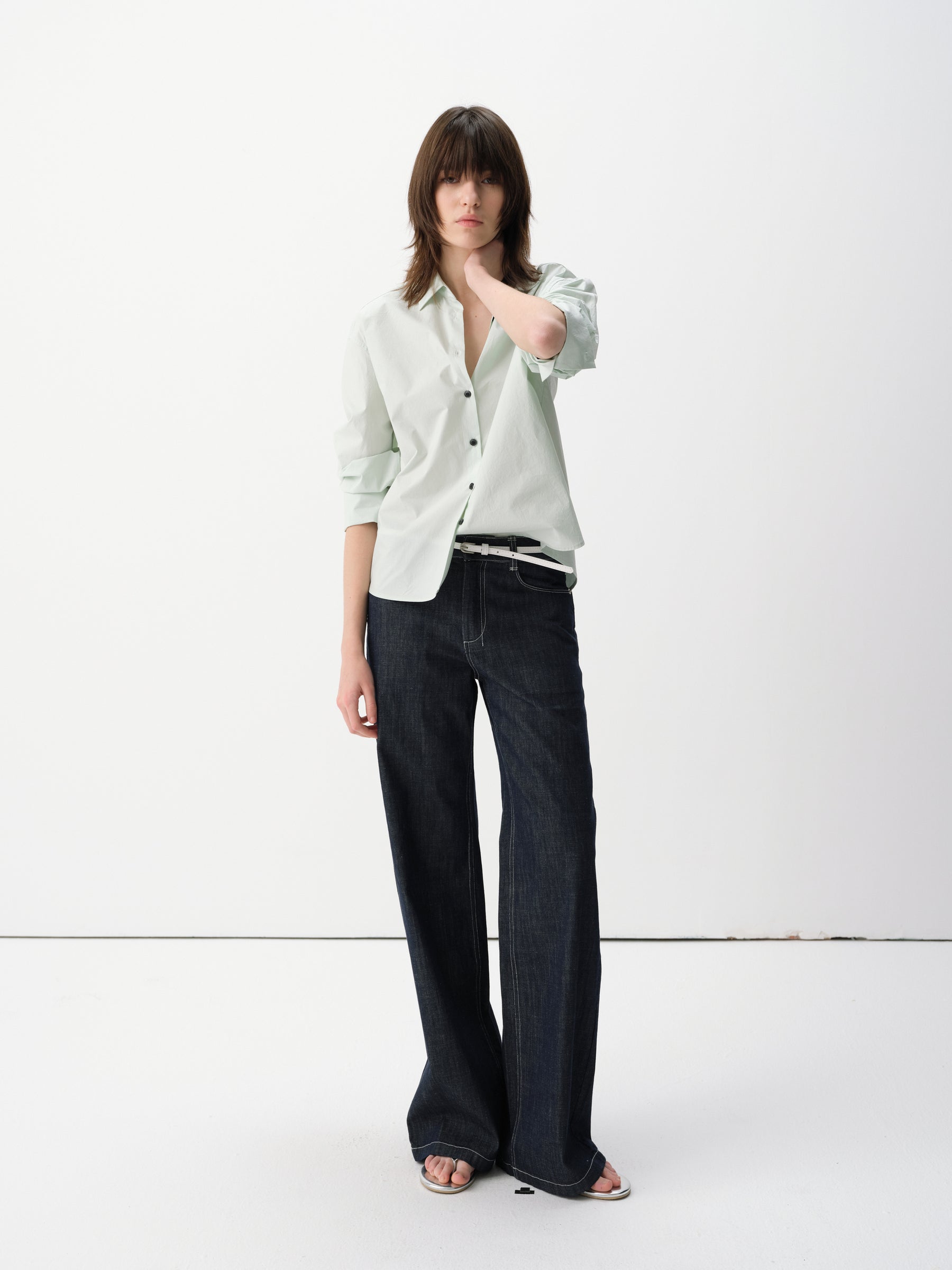 Solid Cotton Turn-Back Cuff Long-Sleeve Shirt Mint
