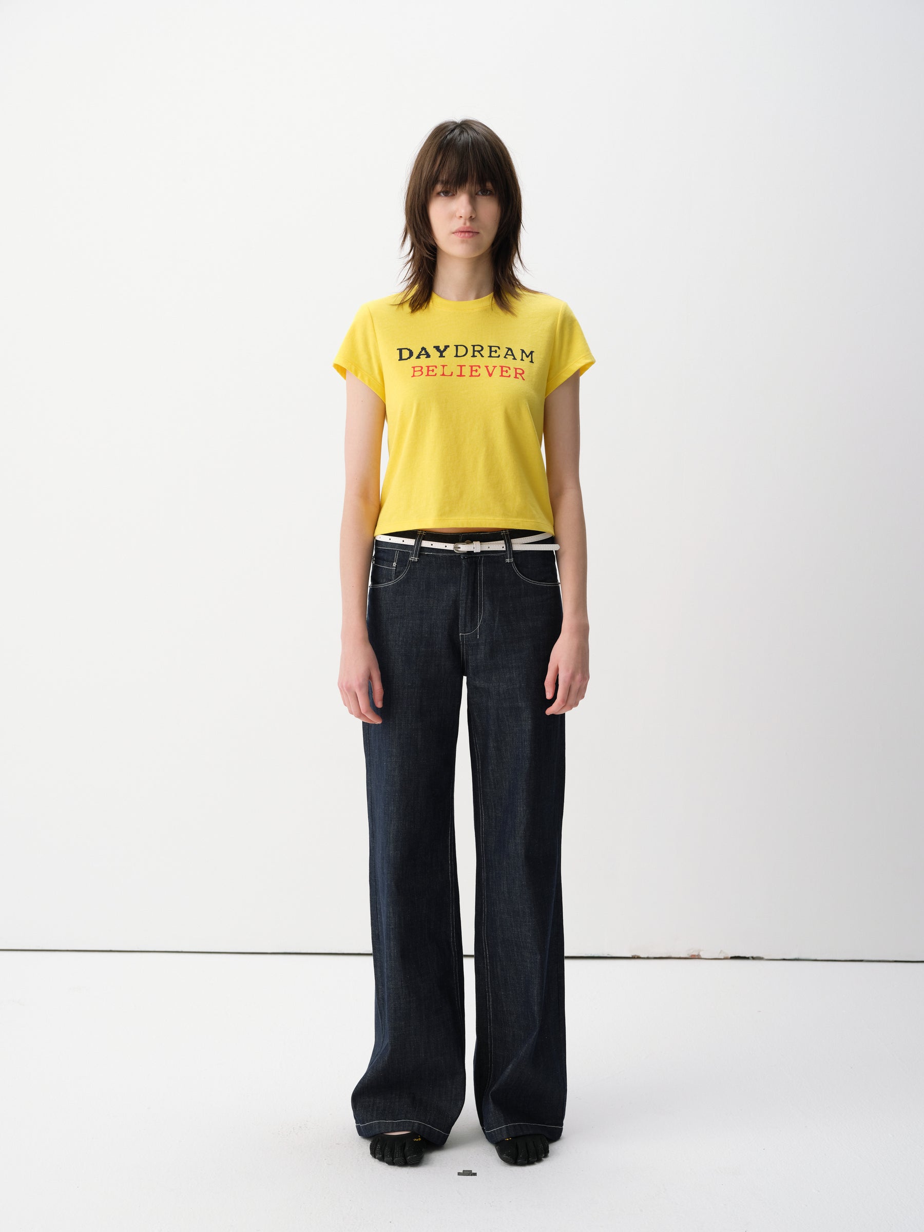Contrast Slogan Print Regular Shoulder Short-Sleeve Tee Yellow