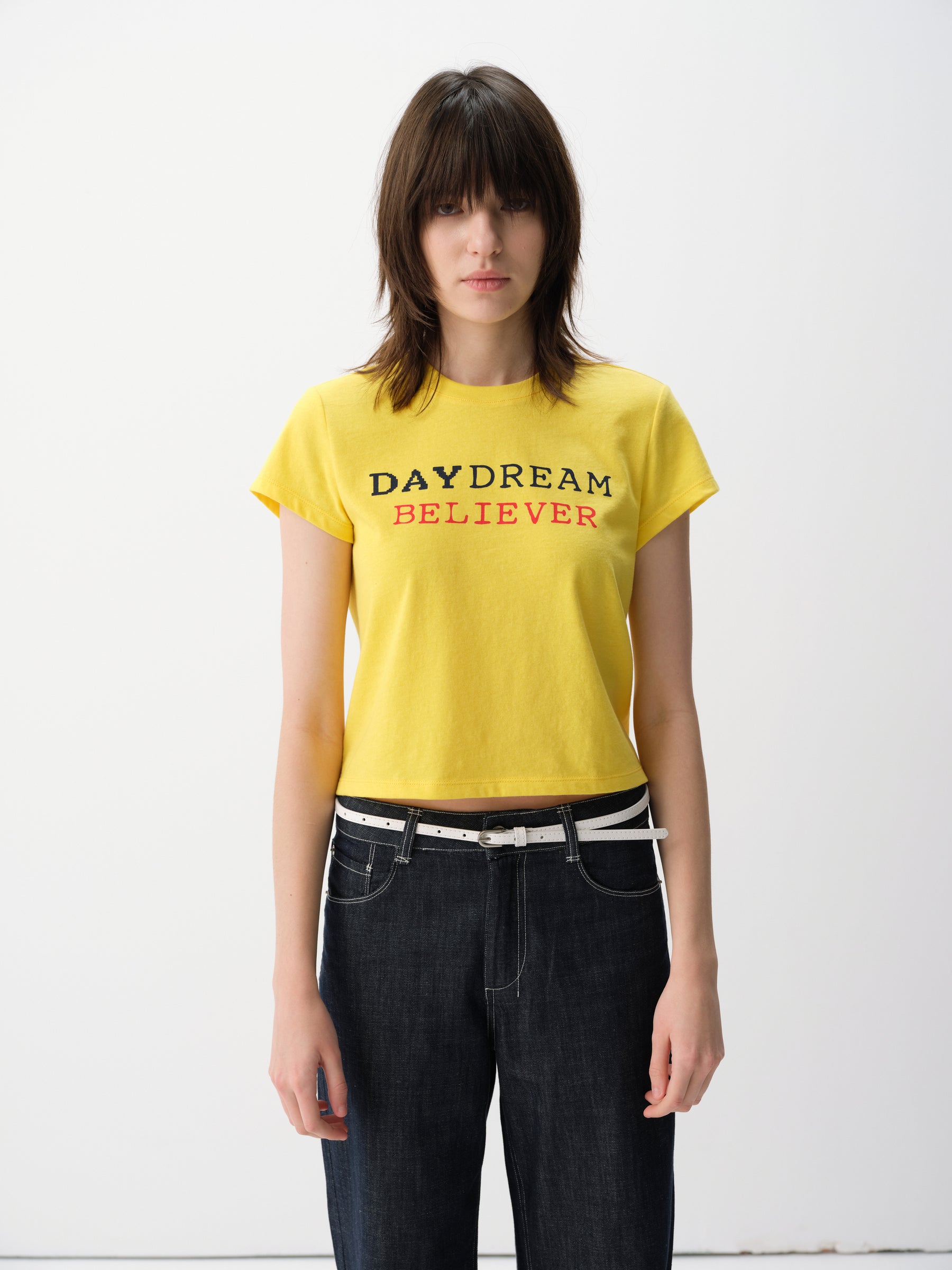 Contrast Slogan Print Regular Shoulder Short-Sleeve Tee Yellow