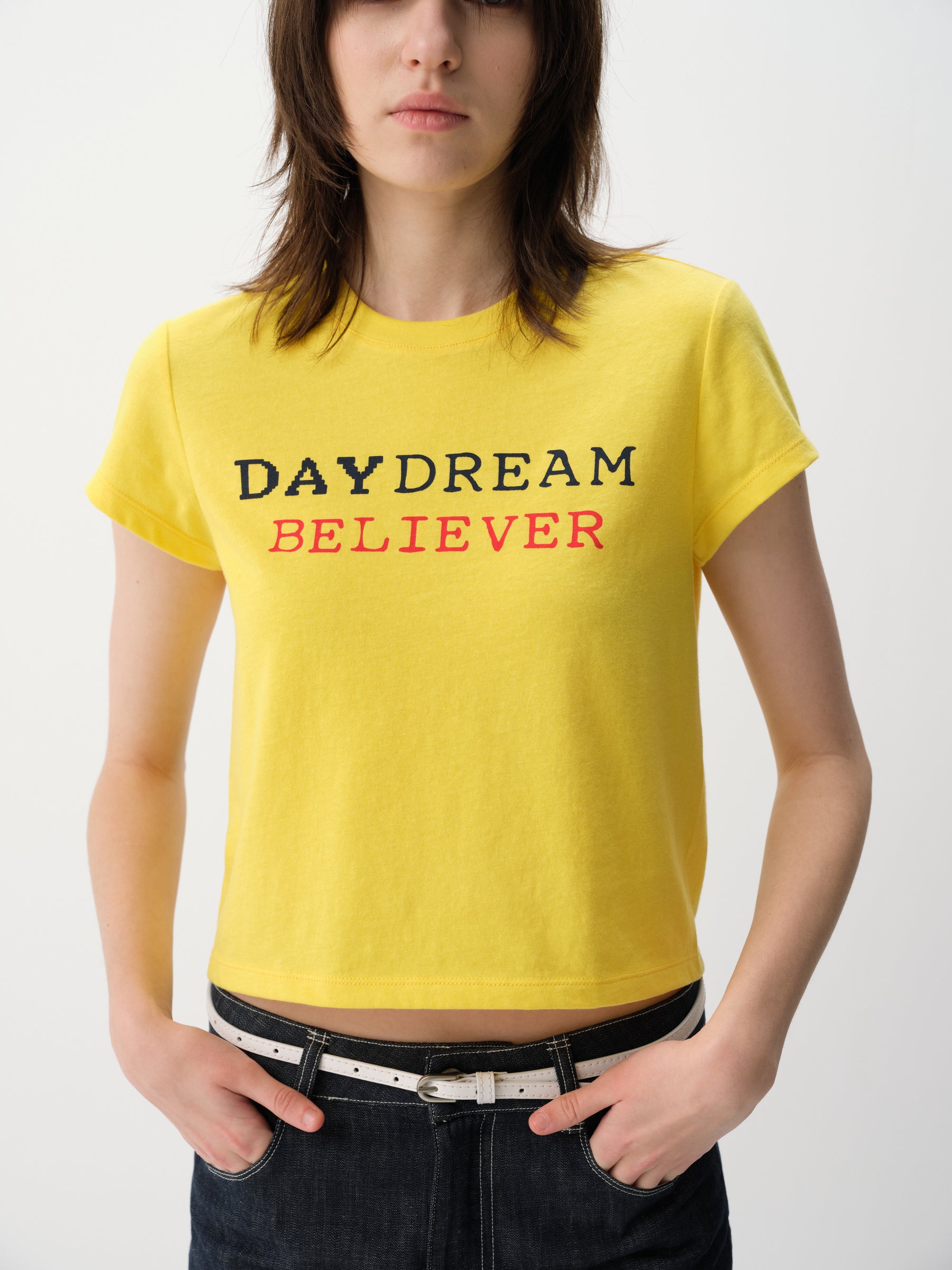 Contrast Slogan Print Regular Shoulder Short-Sleeve Tee Yellow