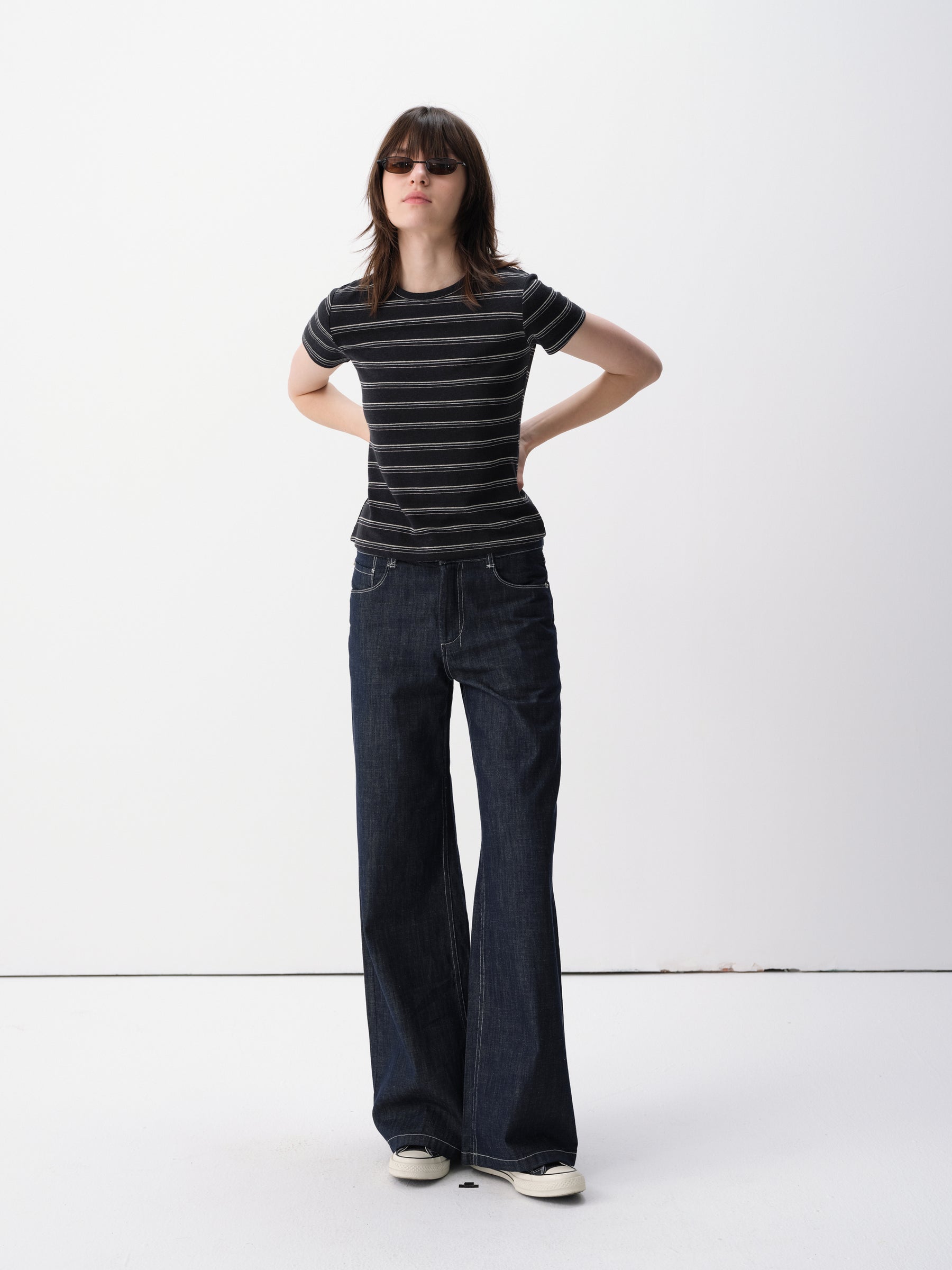 Linen-Blend Striped Regular Shoulder Short-Sleeve Top Blue White