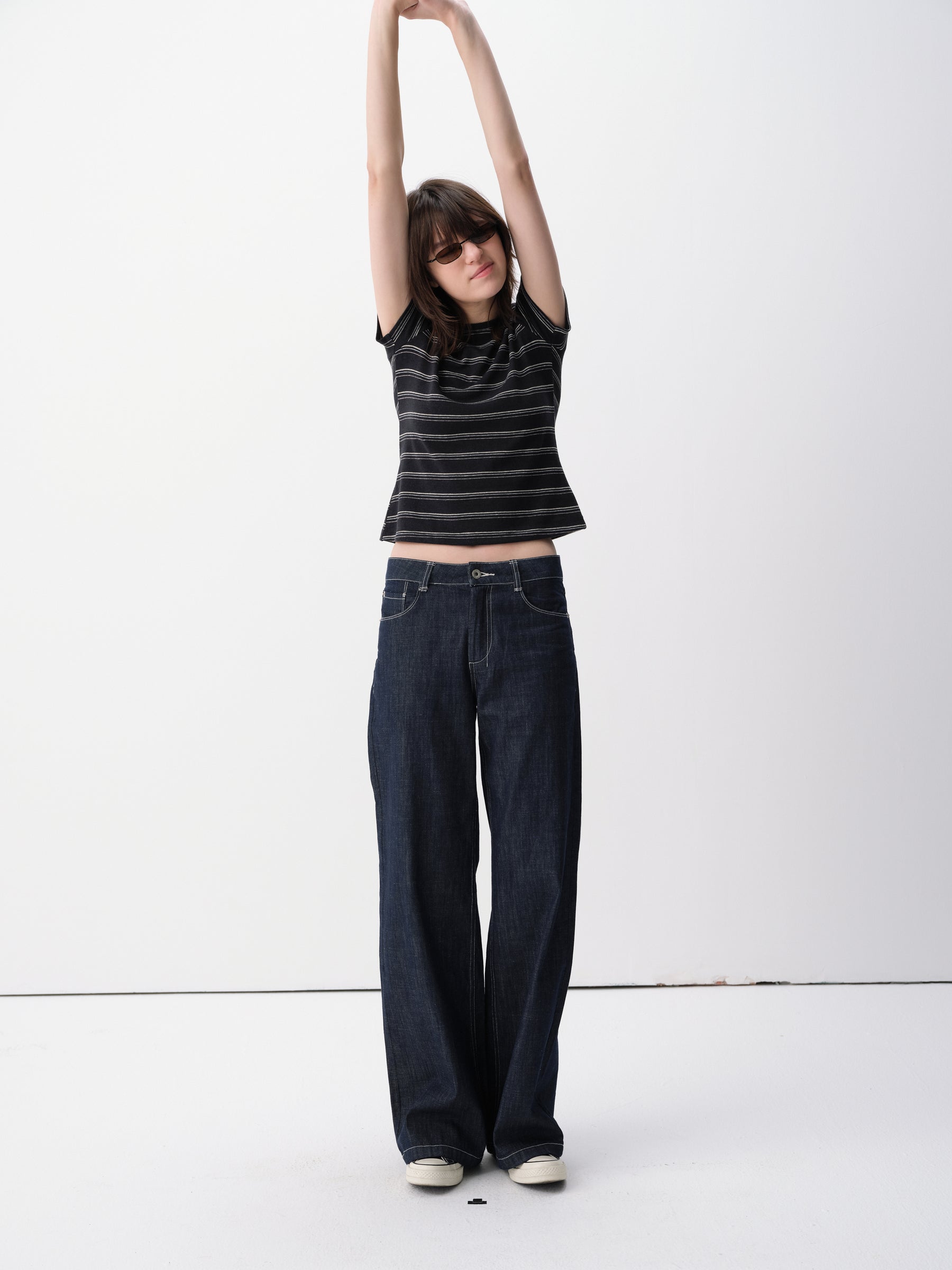Linen-Blend Striped Regular Shoulder Short-Sleeve Top Blue White