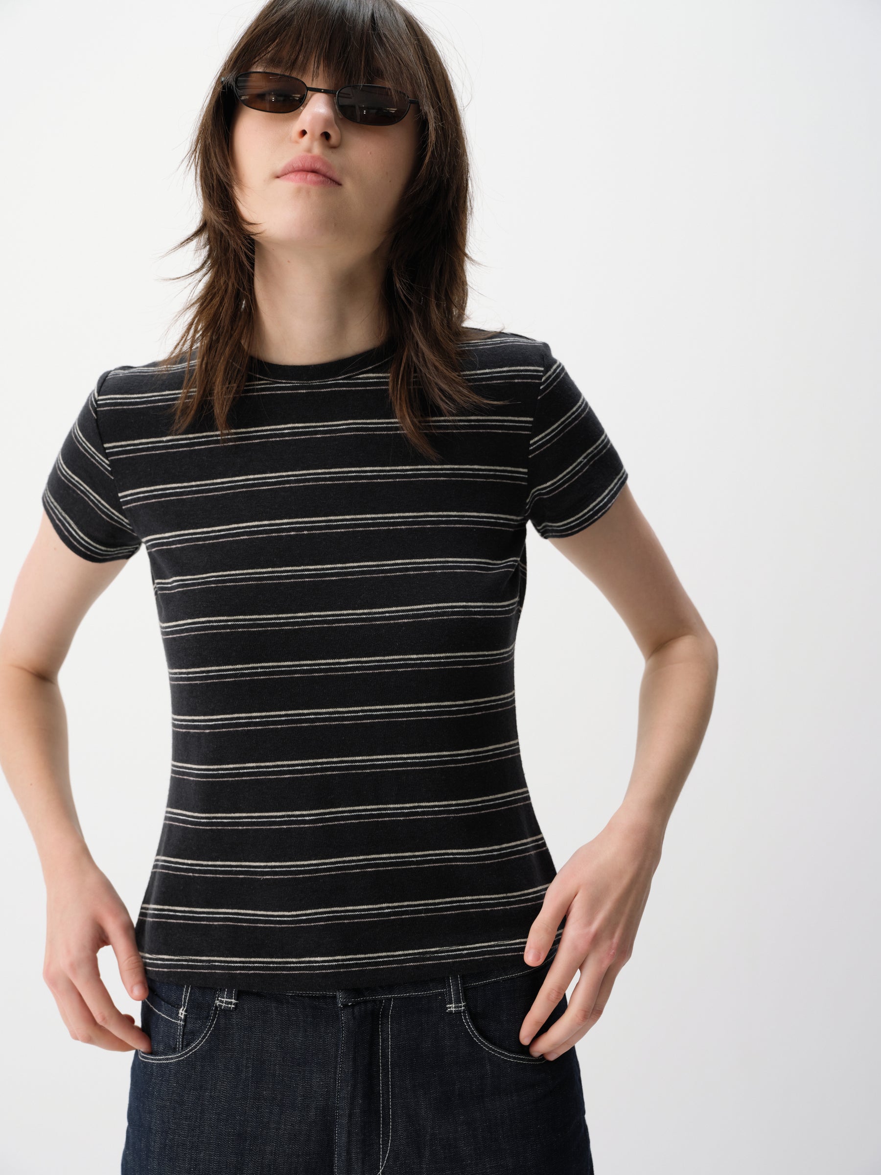 Linen-Blend Striped Regular Shoulder Short-Sleeve Top Blue White