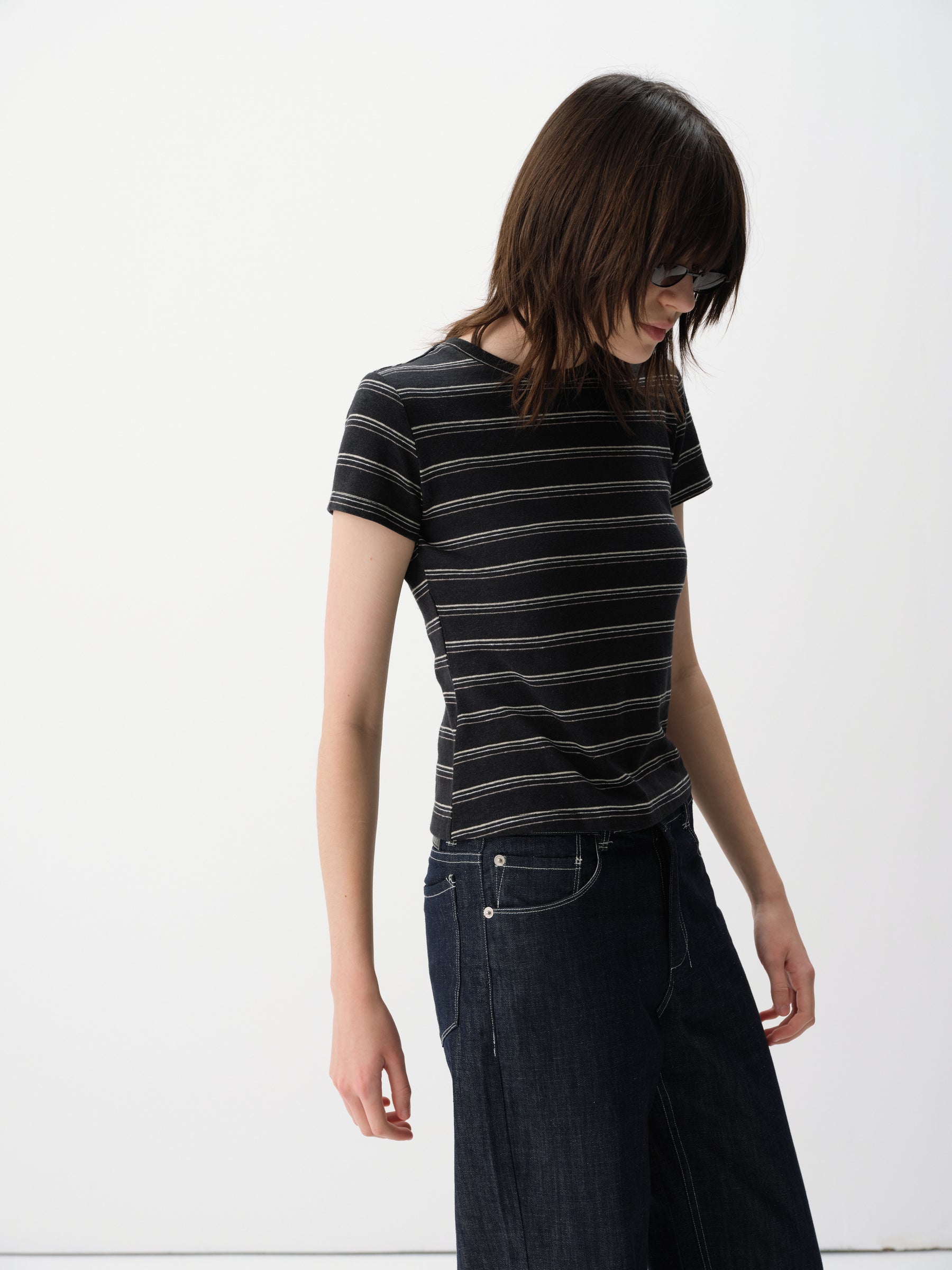 Linen-Blend Striped Regular Shoulder Short-Sleeve Top Blue White