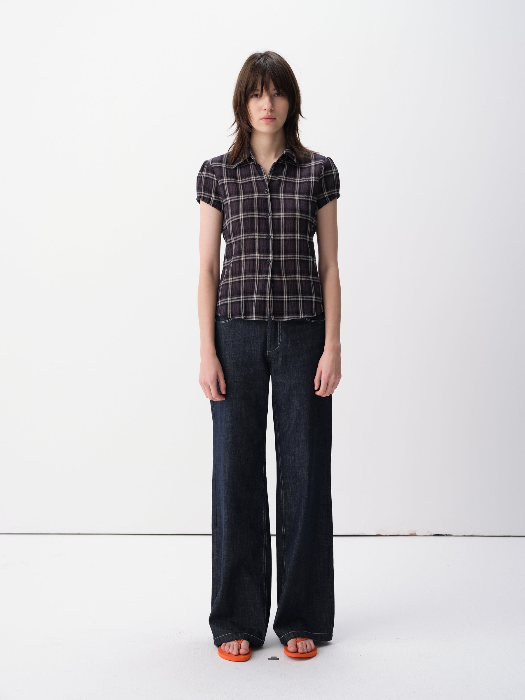 Textured Cotton Gingham Waist-Cinch Short-Sleeve Shirt Blue Check