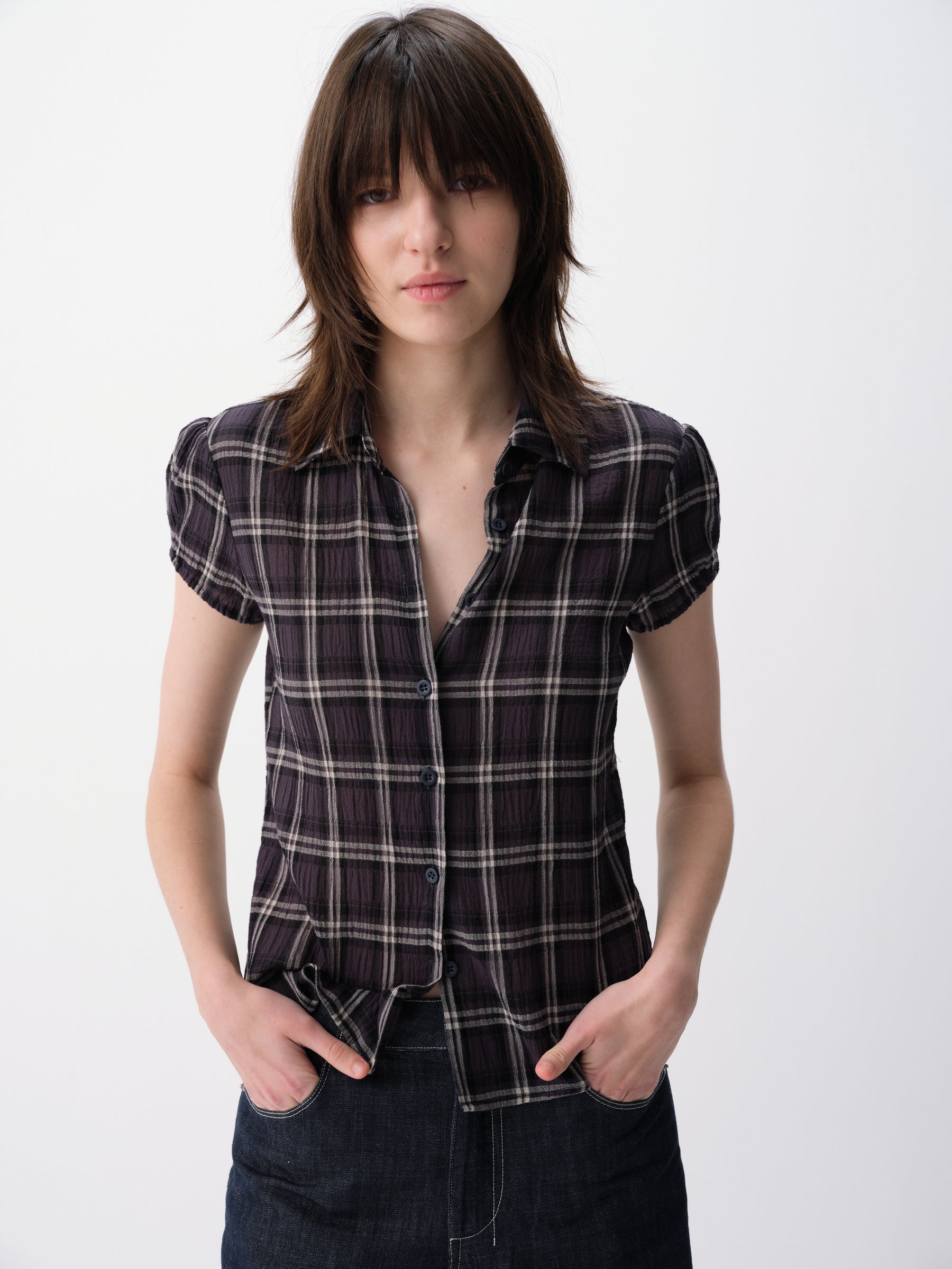 Textured Cotton Gingham Waist-Cinch Short-Sleeve Shirt Blue Check